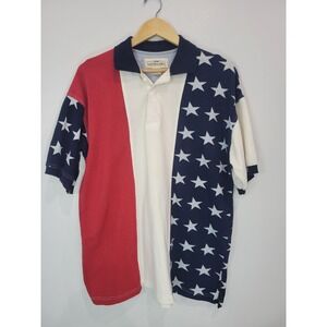 Vintage Natural Issue Mens American Flag Polo Shirt Sz L Patriotic Stars Stripes